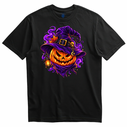 Playera negra calabaza bruja con linterna de Halloween
