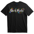 Playera negra Día de Muertos caligrafía festiva multicolor