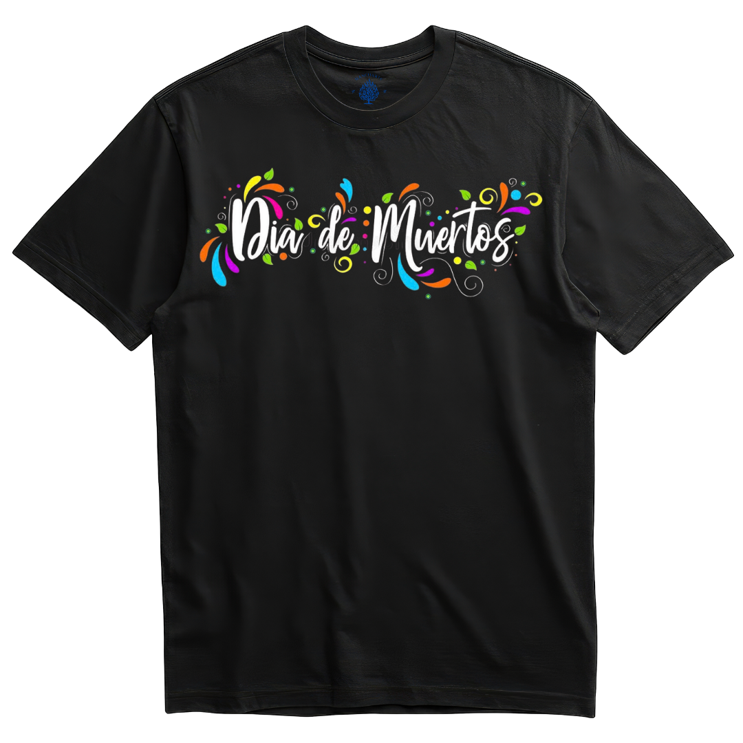 Playera negra Día de Muertos caligrafía festiva multicolor