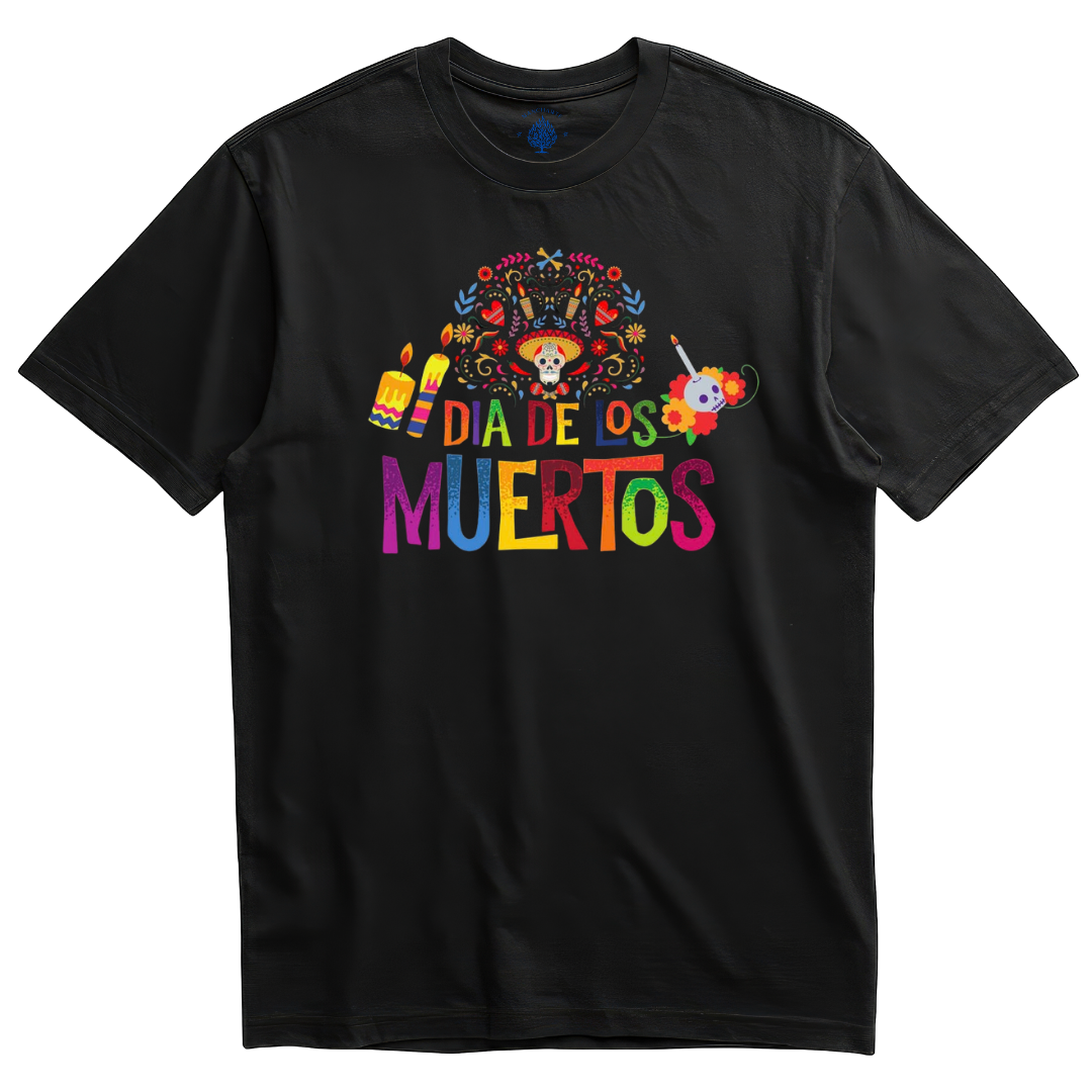 Playera negra Día de los Muertos arcoíris con calavera de charro
