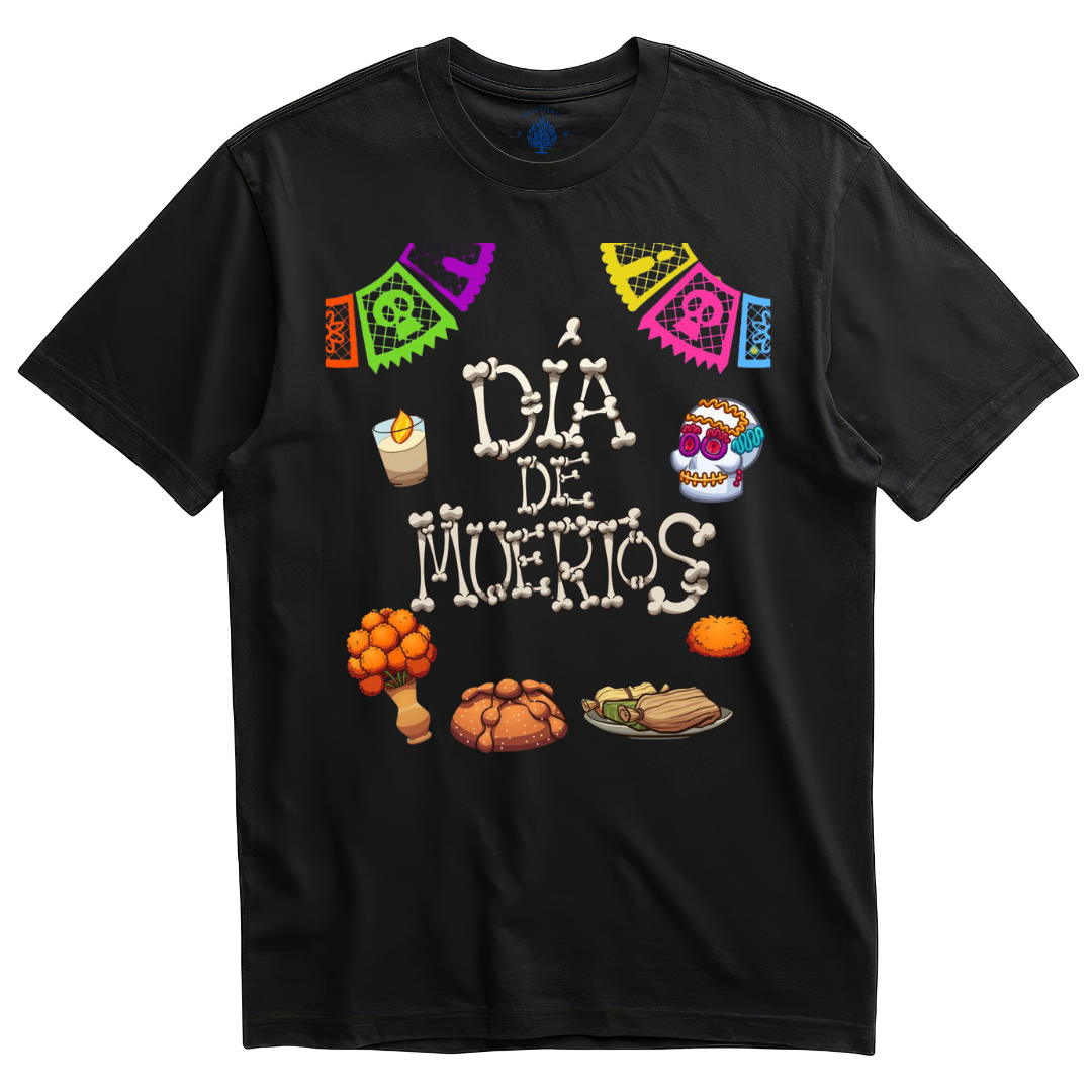 Playera negra letras de hueso Día de Muertos con ofrenda
