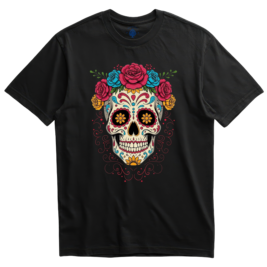 Playera negra calavera de azúcar con corona de rosas