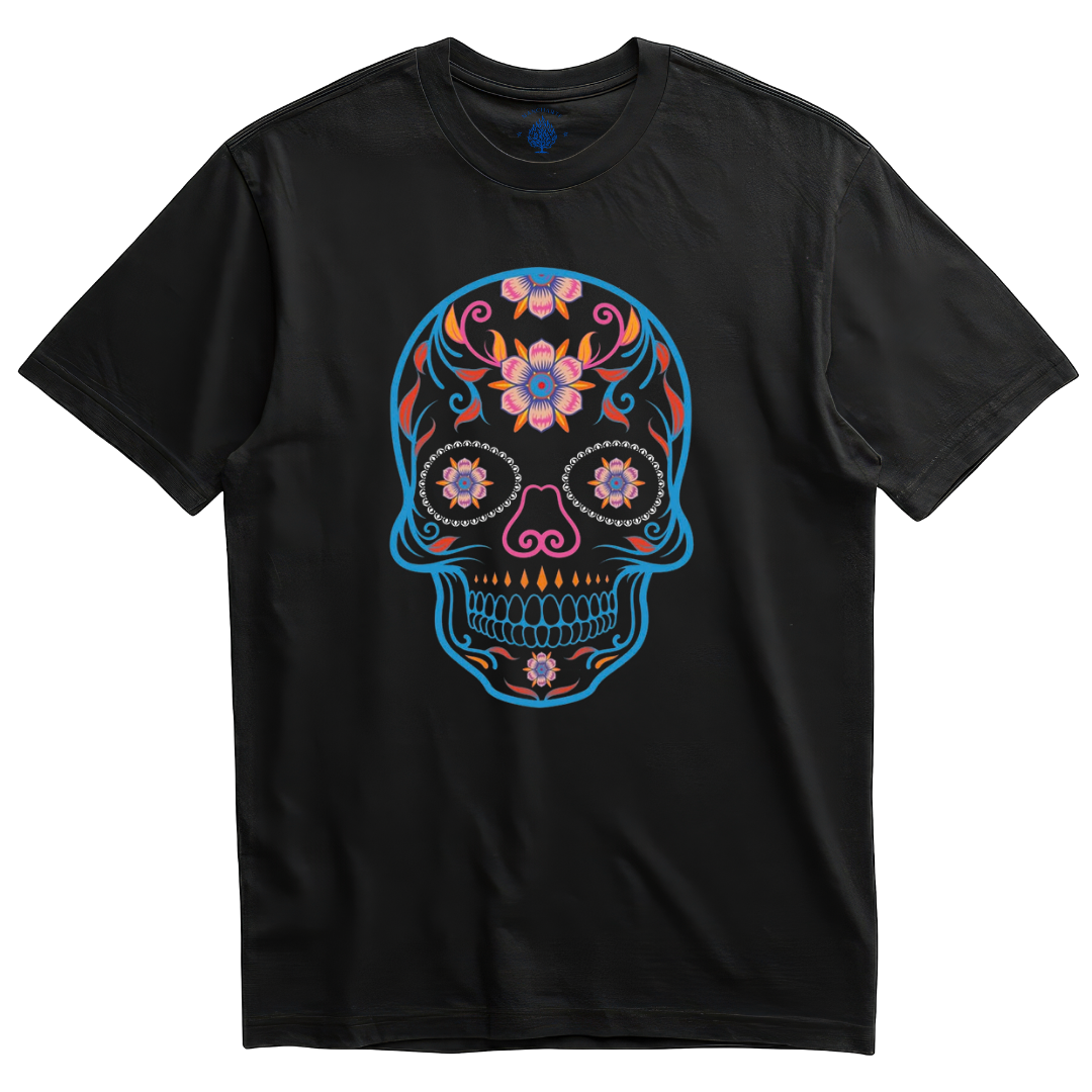 Playera negra calavera floral turquesa