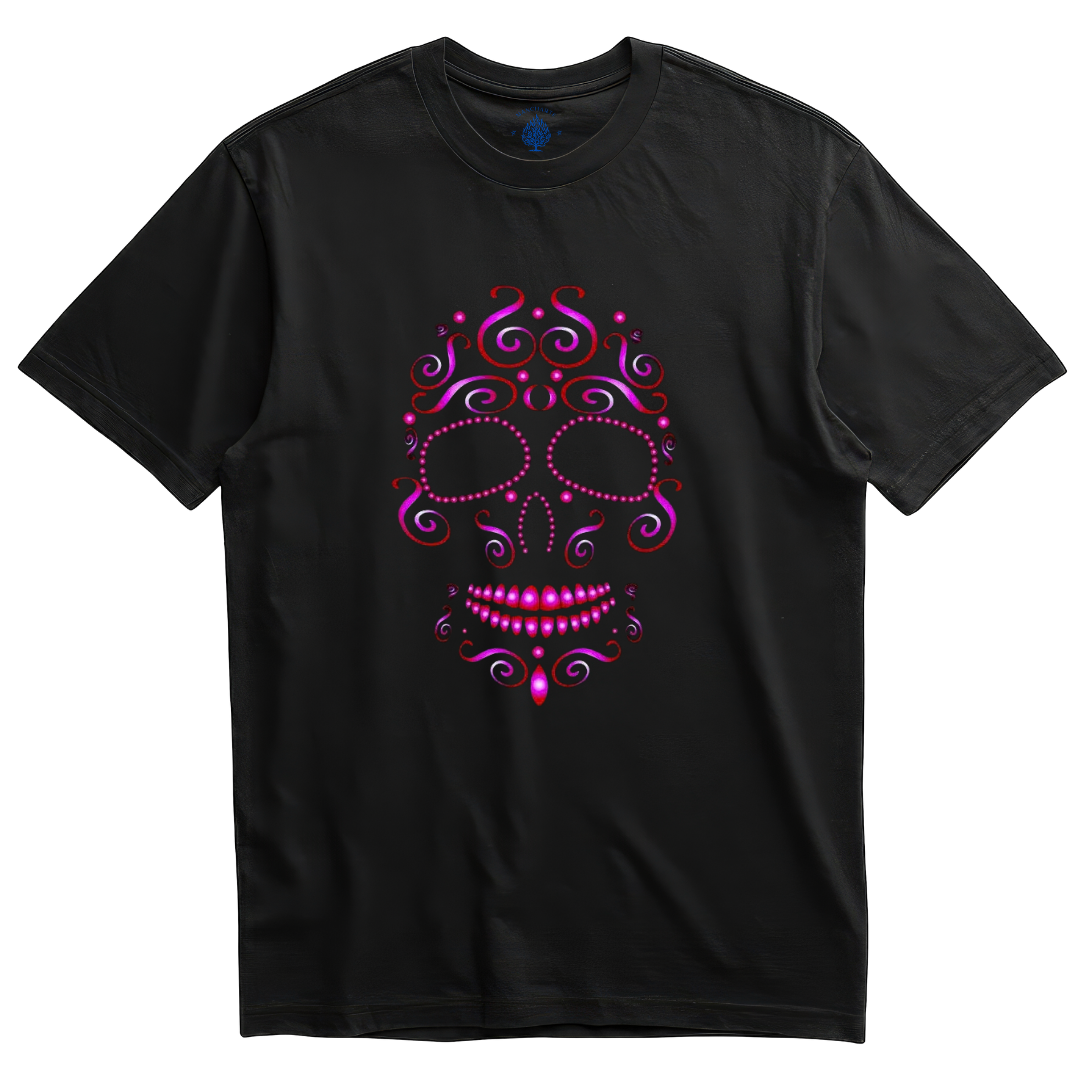 Playera negra calavera filigrana magenta