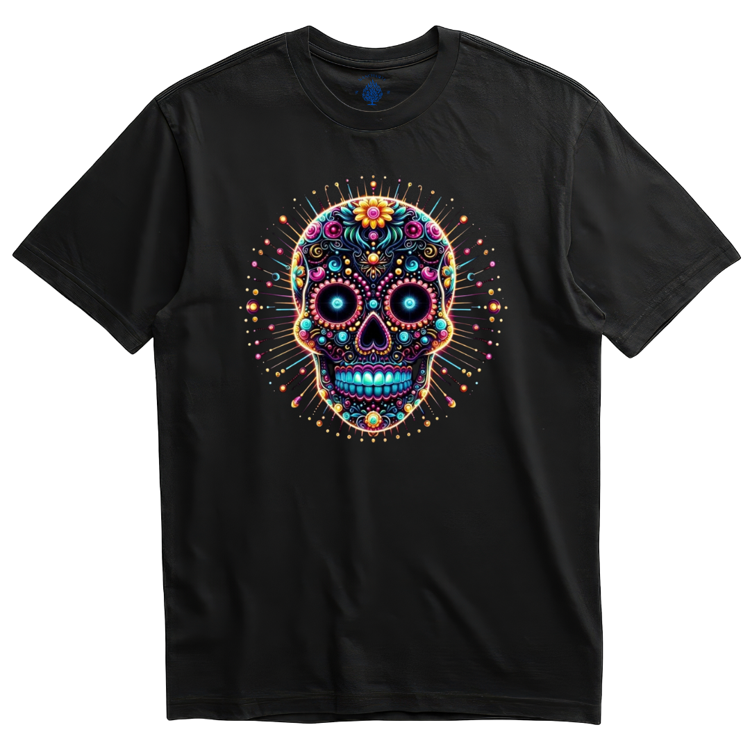 Playera negra calavera neón radiante