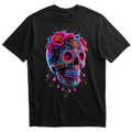 Playera negra calavera neón con rosas fucsia