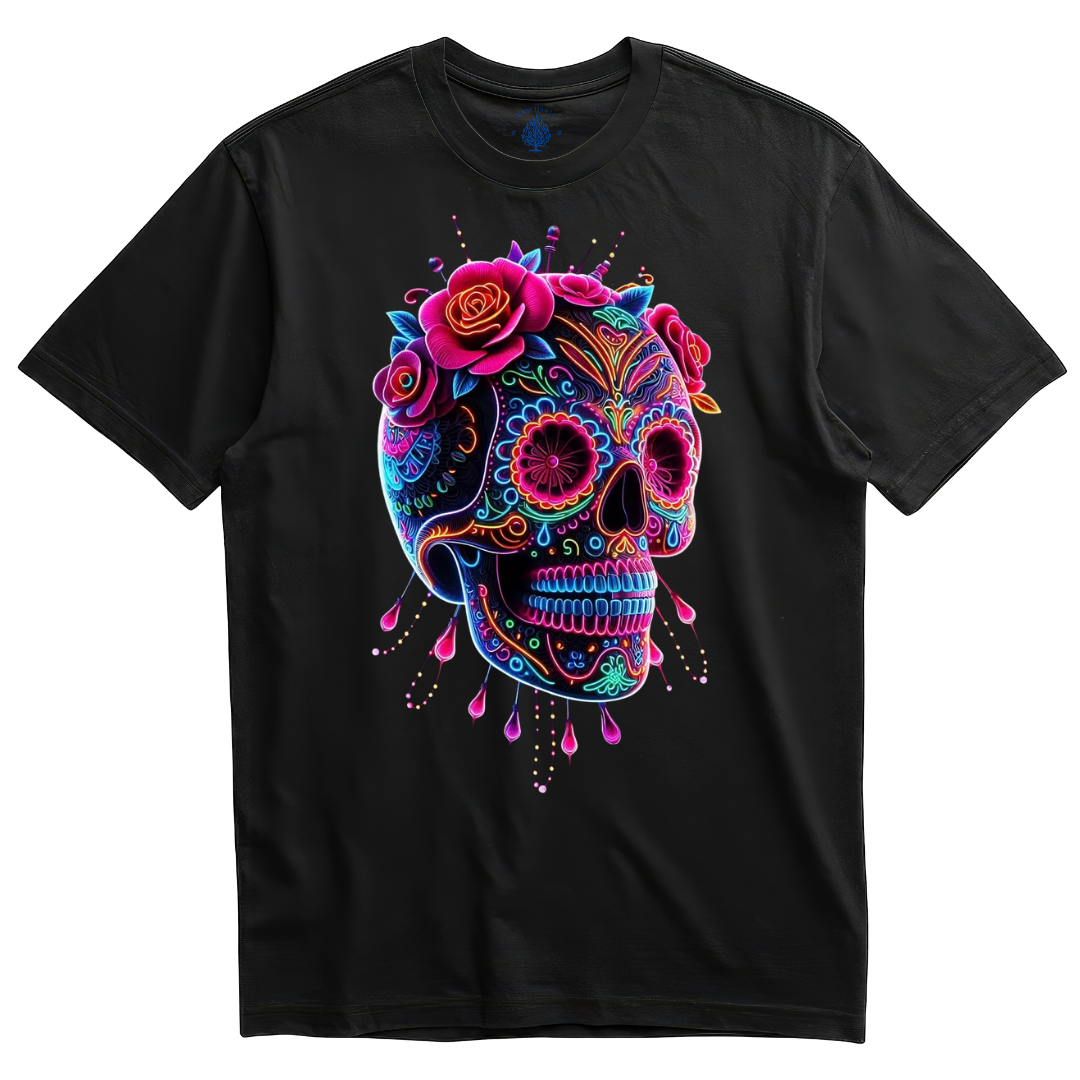 Playera negra calavera neón con rosas fucsia