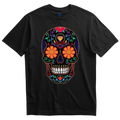 Playera negra calavera estilo tattoo con cempasúchil y diamante
