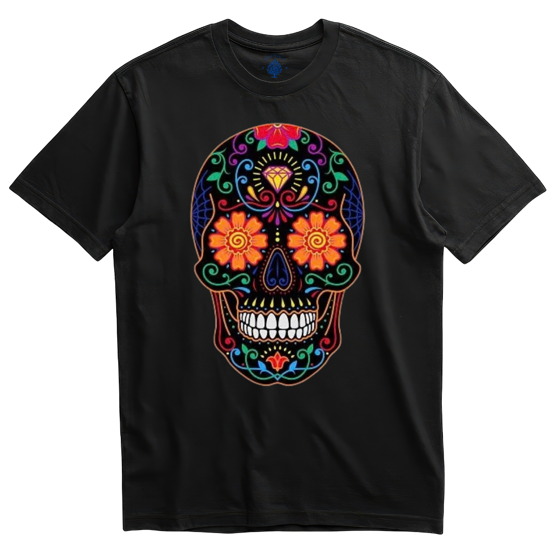 Playera negra calavera estilo tattoo con cempasúchil y diamante