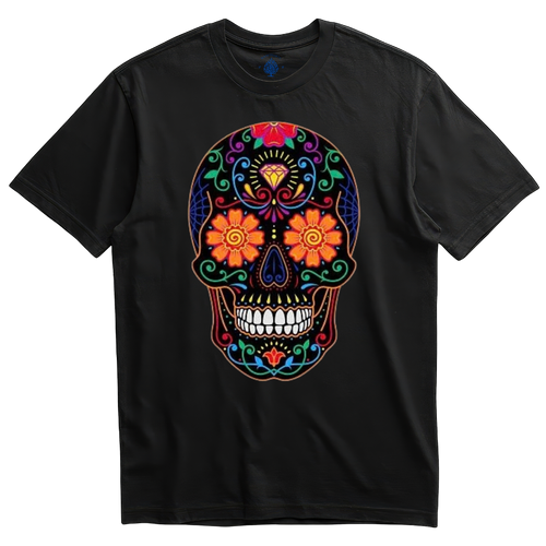Playera negra calavera estilo tattoo con cempasúchil y diamante