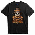 Playera negra espantapájaros Halloween con letrero de madera