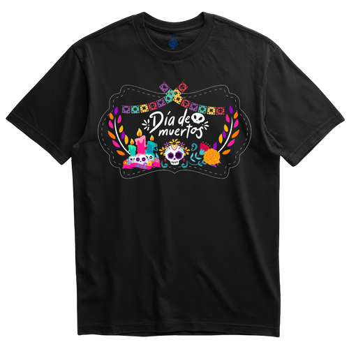 Playera negra altar de Día de Muertos con papel picado
