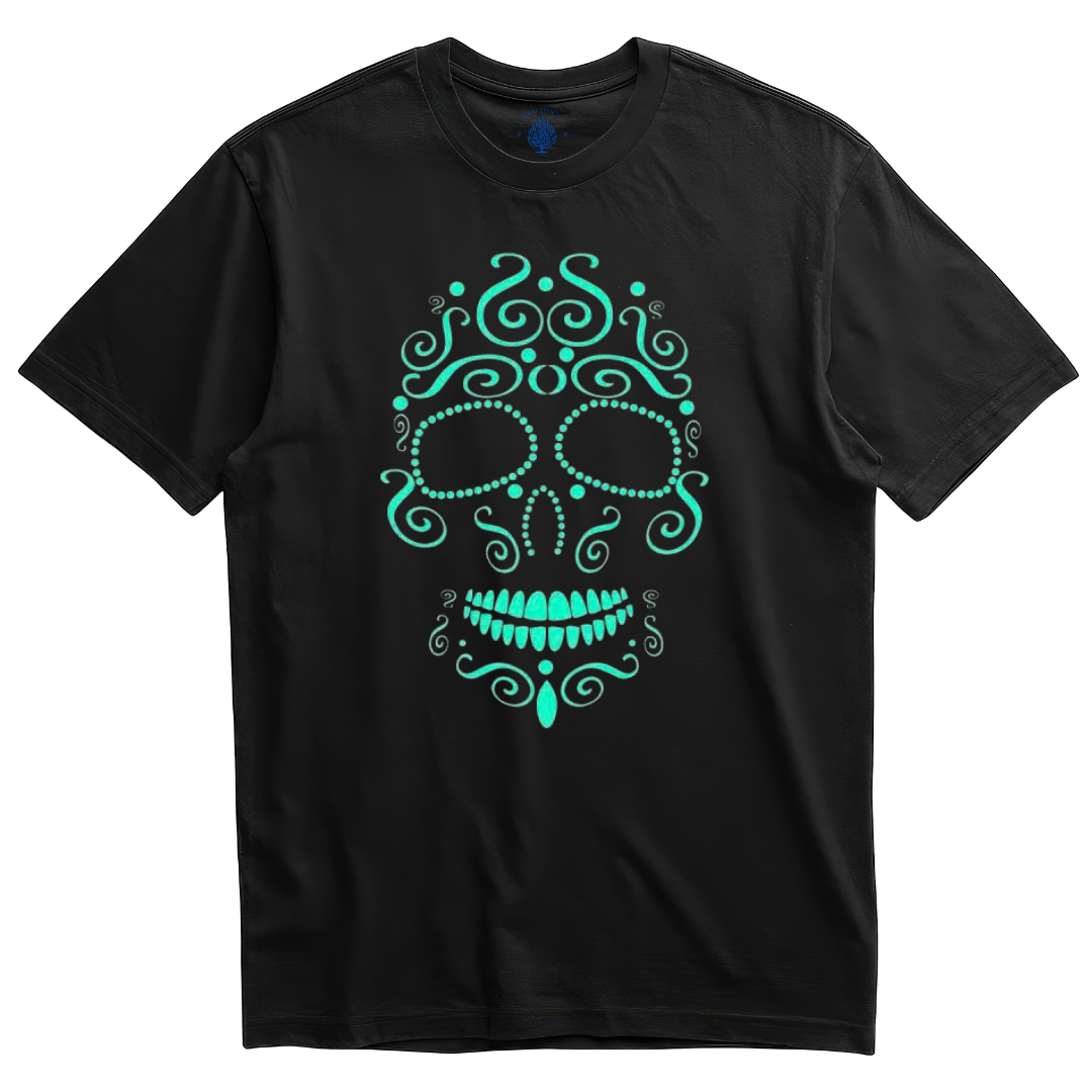 Playera negra calavera filigrana verde menta