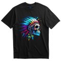 Playera negra calavera con penacho de plumas neón