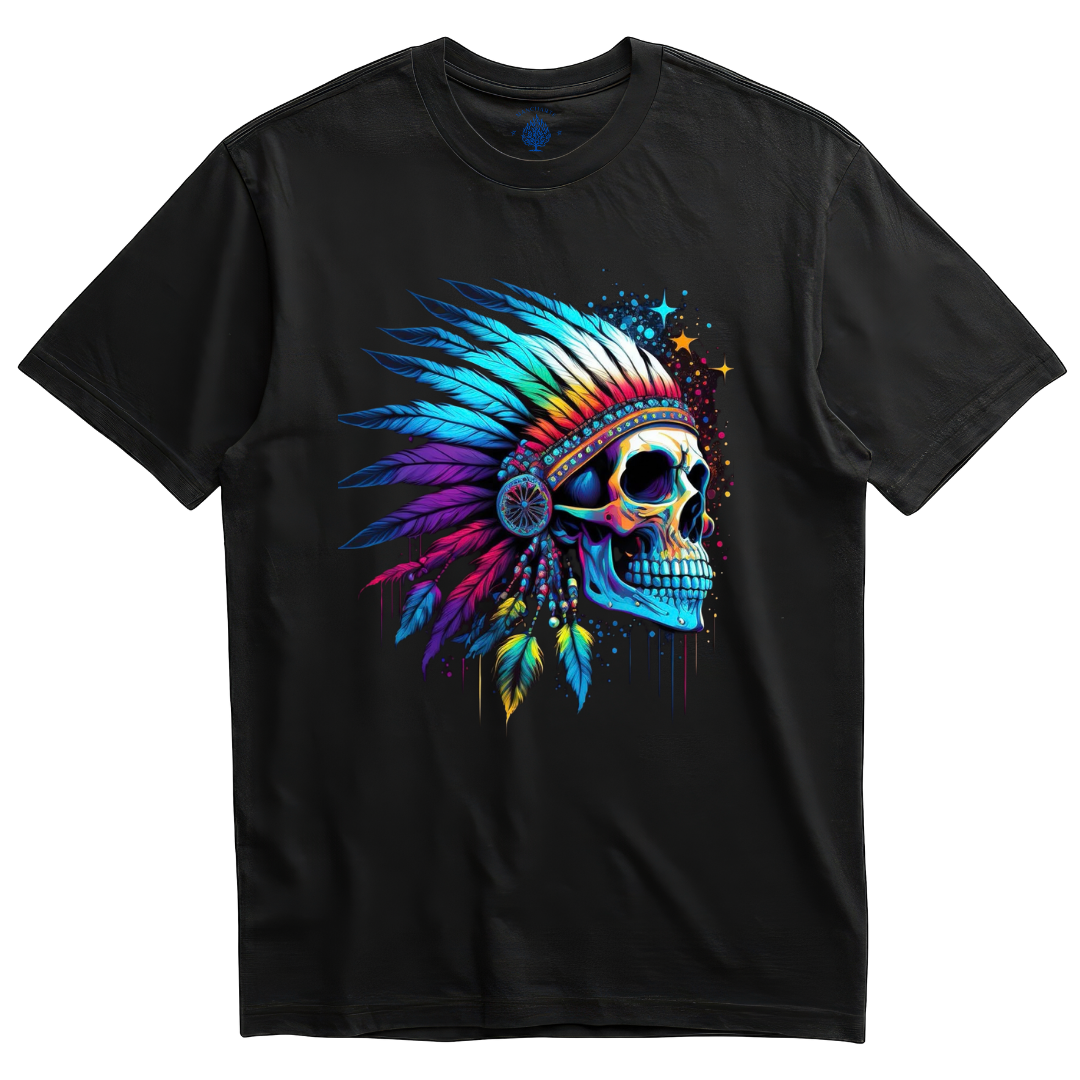 Playera negra calavera con penacho de plumas neón