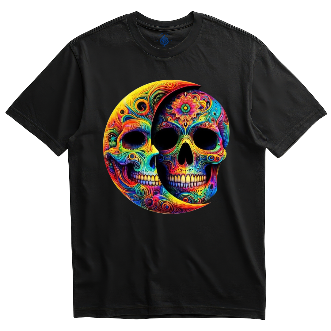 Playera negra calaveras luna psicodélica arcoíris