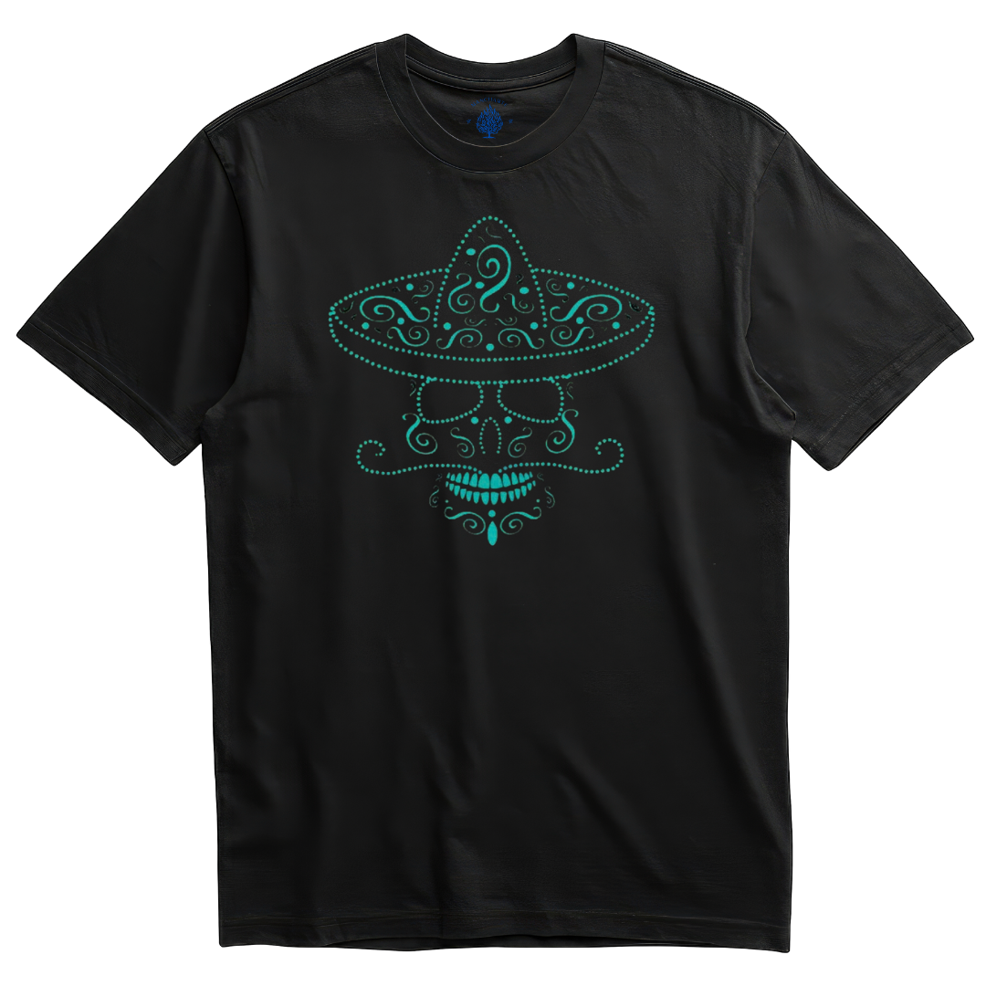 Playera negra calavera de charro filigrana turquesa