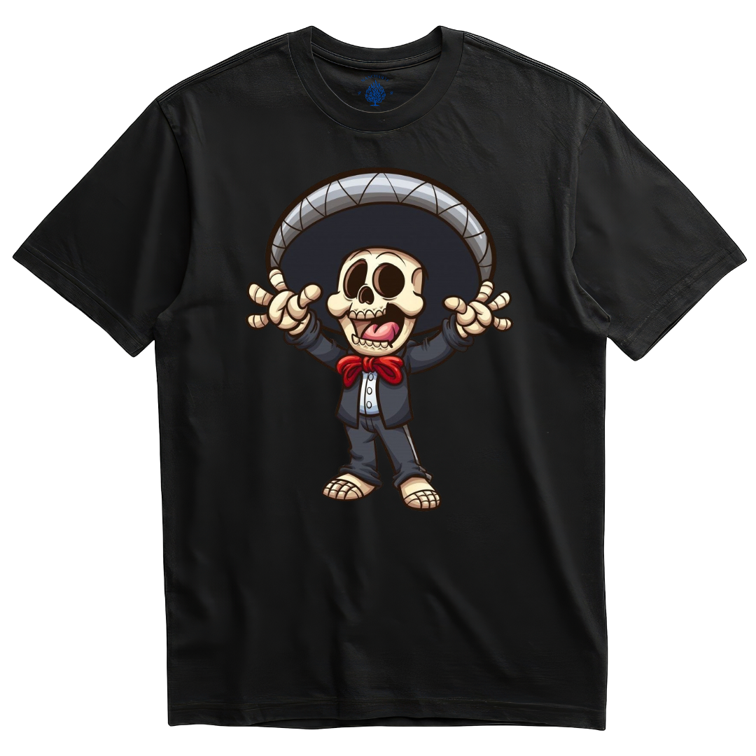 Playera negra esqueleto mariachi alegre Día de Muertos