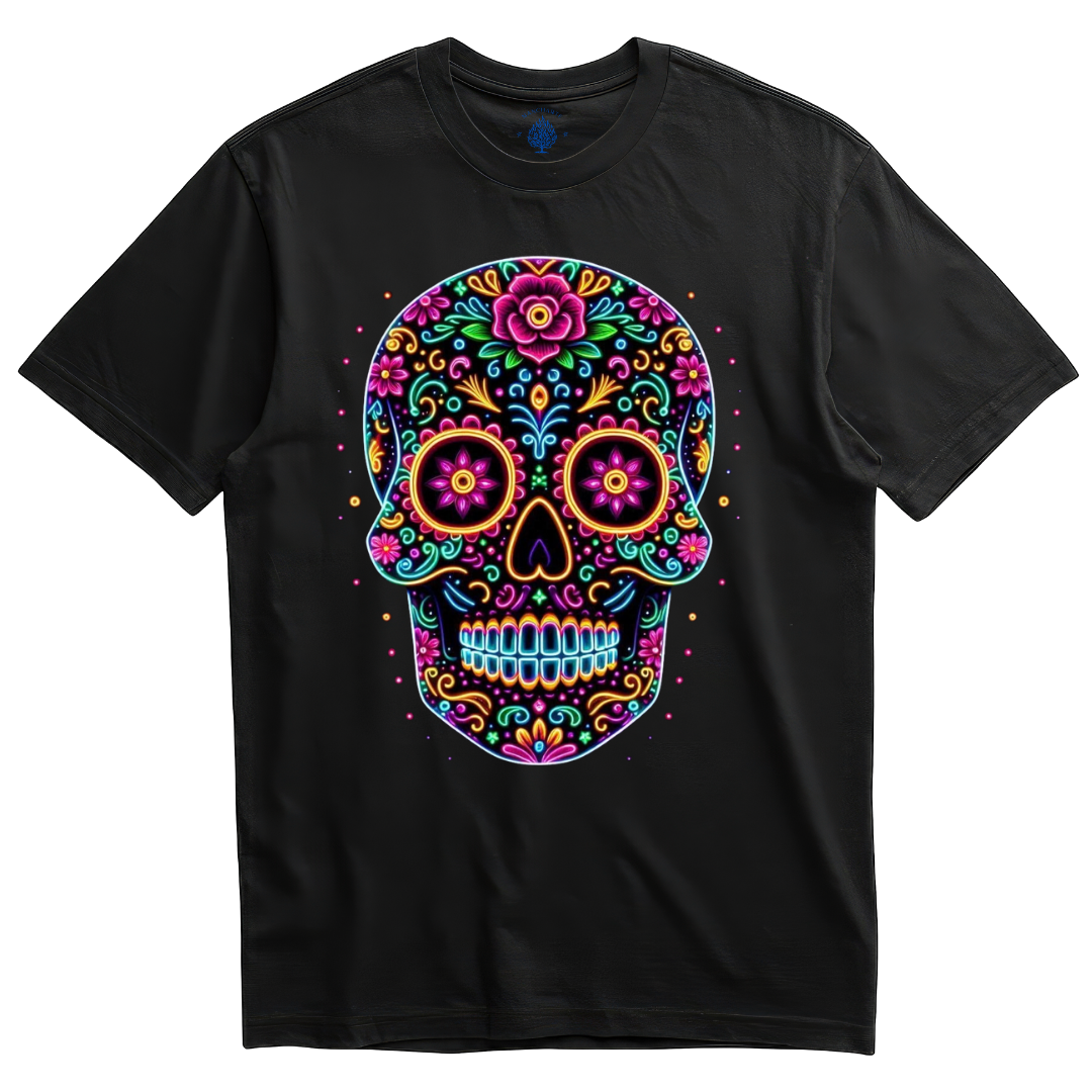 Playera negra calavera neón floral fucsia