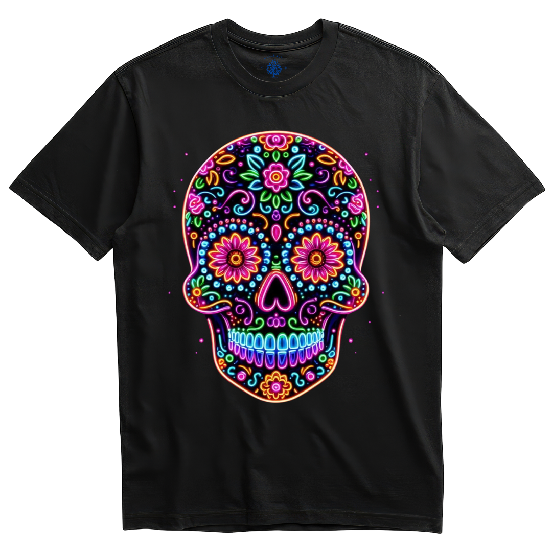 Playera negra calavera neón contorno naranja