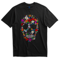 Playera negra calavera de flores bordadas