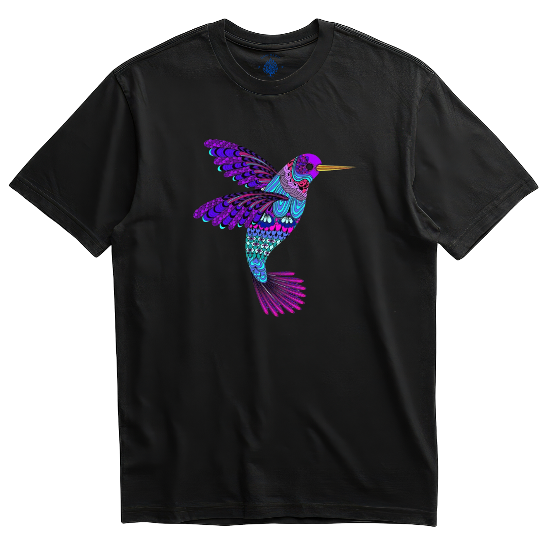 Playera negra colibrí mandala morado