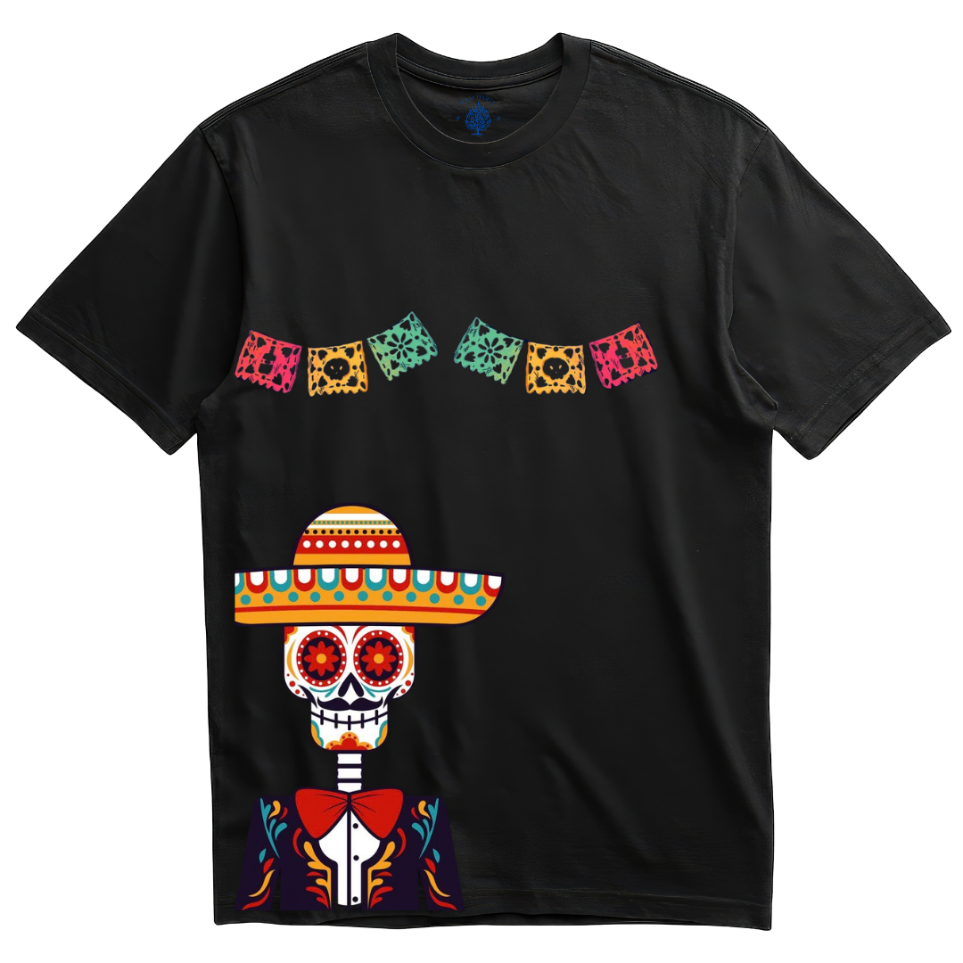 Playera negra catrín charro con papel picado
