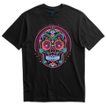 Playera negra calavera neón corazones estilo letrero