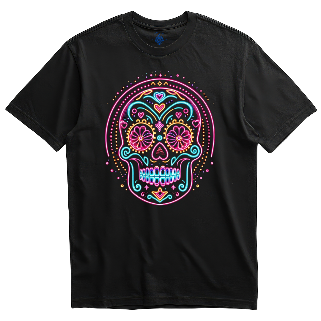Playera negra calavera neón corazones estilo letrero