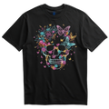 Playera negra calavera flores y mariposas neón