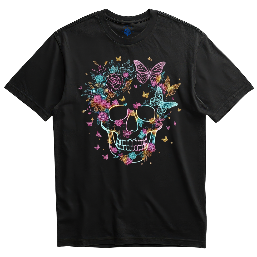 Playera negra calavera flores y mariposas neón
