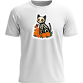 Playera blanca gato esqueleto con cempasúchil