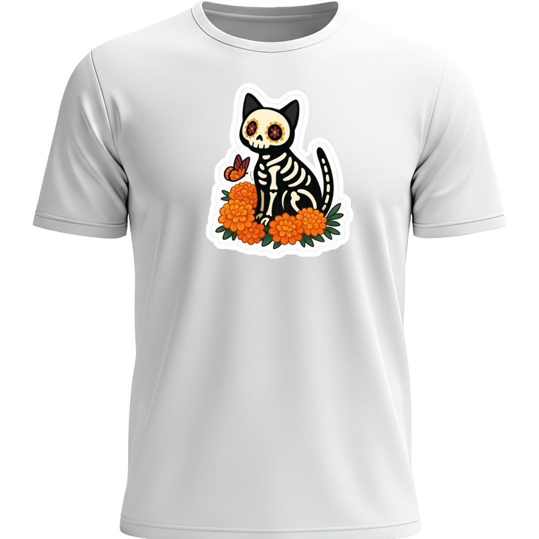 Playera blanca gato esqueleto con cempasúchil