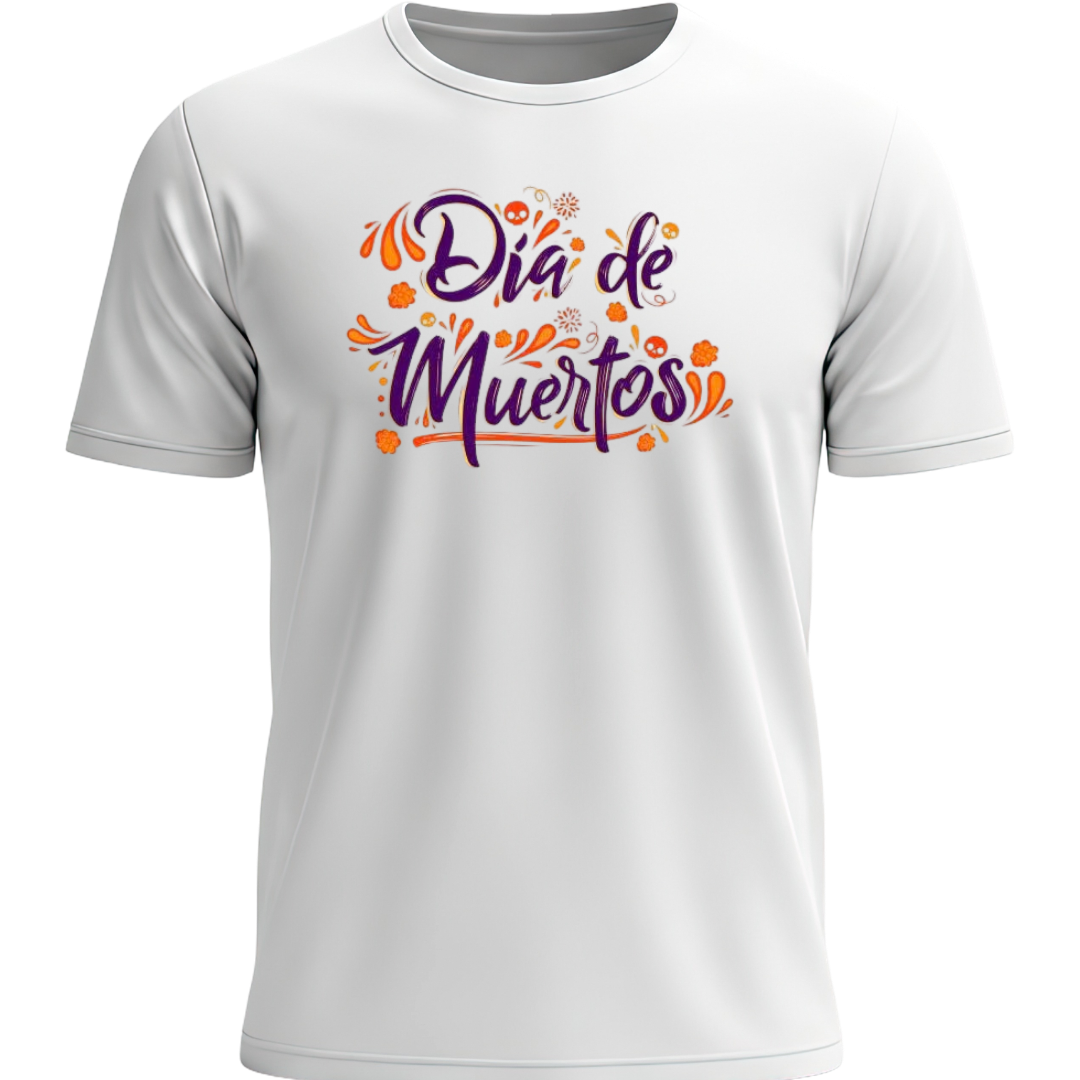 Playera blanca Día de Muertos caligrafía morada