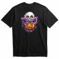 Playera negra calaverita con calabaza y murciélagos de Halloween