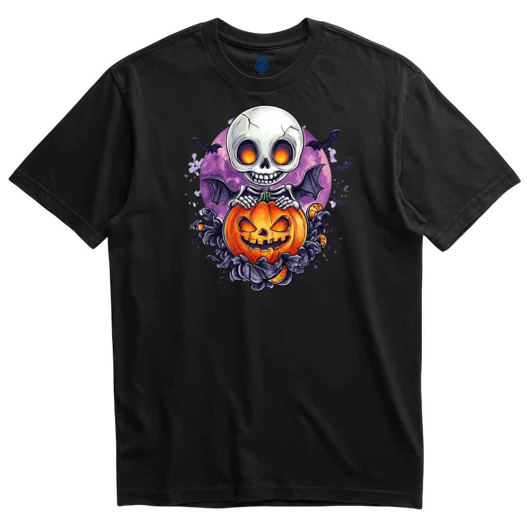 Playera negra calaverita con calabaza y murciélagos de Halloween