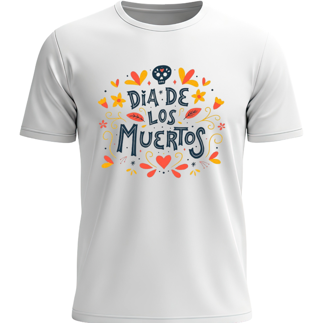 Playera blanca Día de los Muertos lettering floral