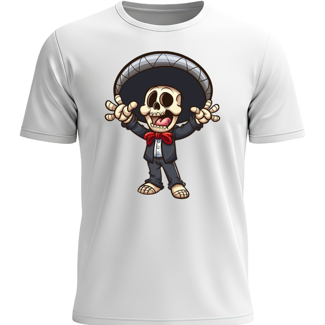 Playera blanca esqueleto mariachi alegre Día de Muertos