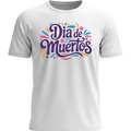 Playera blanca Día de Muertos lettering festivo multicolor