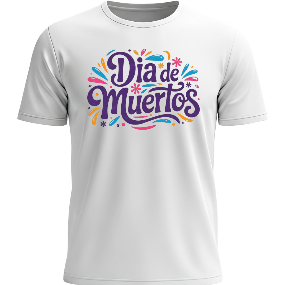 Playera blanca Día de Muertos lettering festivo multicolor