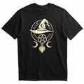 Playera negra emblema de bruja minimalista con pentagrama y lunas
