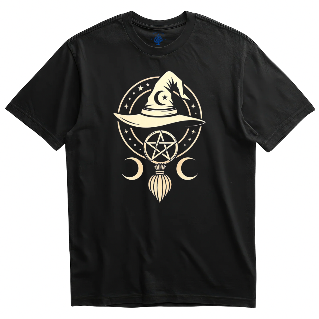 Playera negra emblema de bruja minimalista con pentagrama y lunas