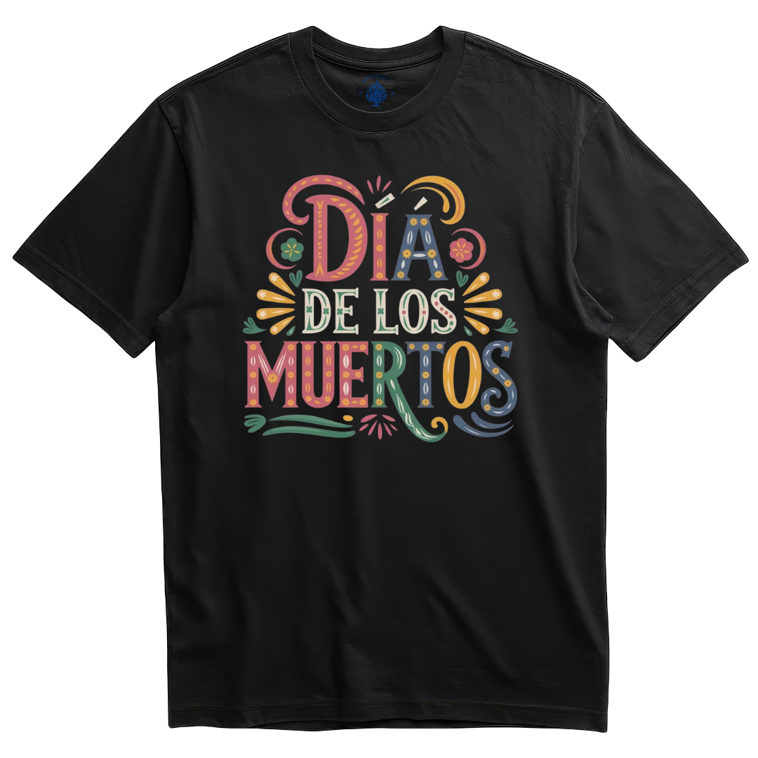 Playera negra Día de los Muertos lettering colorido