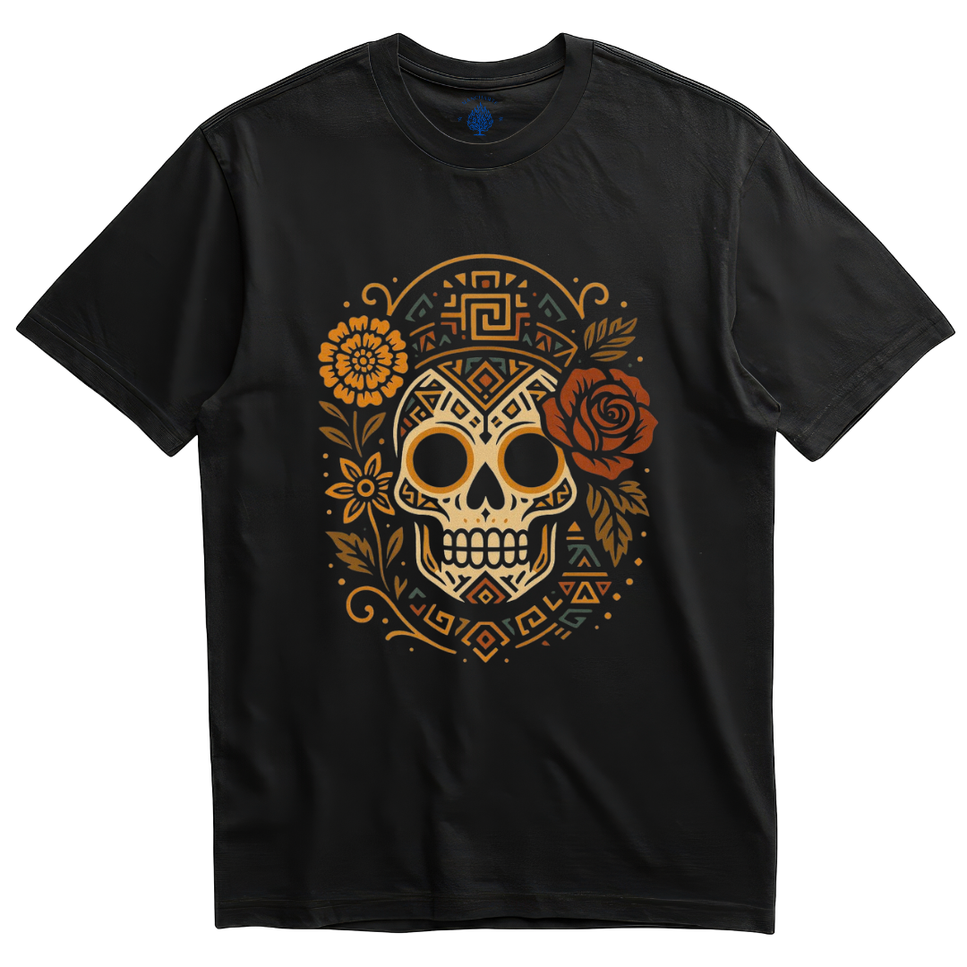 Playera negra calavera azteca con cempasúchil