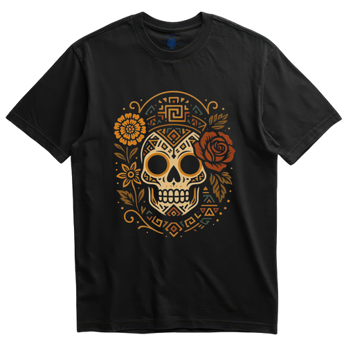 Playera negra calavera azteca con cempasúchil