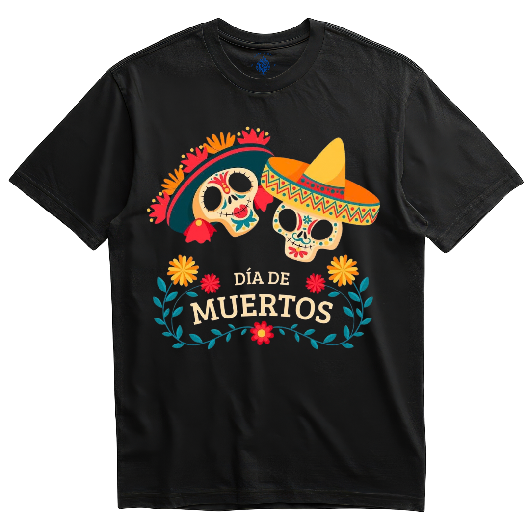 Playera negra pareja de calaveritas con sombrero
